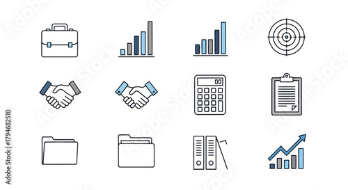 Business and finance icons set Briefcase, chart, target, handshake, calculator, document, folder, and graph