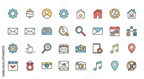 Collection of modern flat line color icons for web design, user interface, and business applications