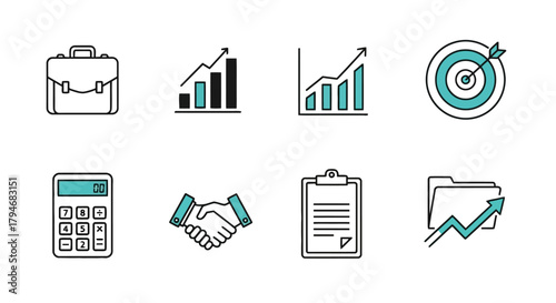 A collection of modern line art icons representing business development, financial analysis, and corporate partnership