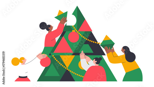 Building a Geometric Christmas Tree: A diverse group of people collaborates to construct a modern, geometric Christmas tree, showcasing creativity and the spirit of the holiday season. 