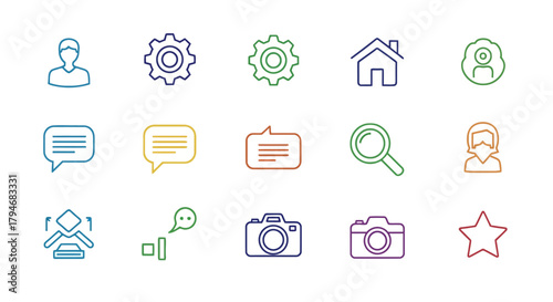 A vibrant collection of colorful outline icons for modern web and mobile application user interfaces, providing diverse graphic elements for digital design projects