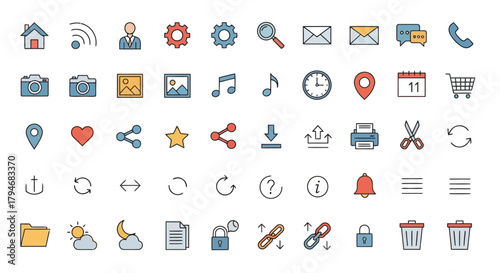Collection of flat design icons representing various digital tools, communication, and productivity concepts
