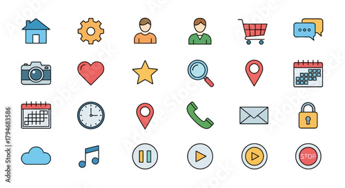 Set of Colorful Icons for Website, App, and User Interface Design. Simple Graphics and Design Elements