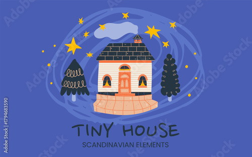 Scandinavian house with tiny trees and smoke under winter stars.
