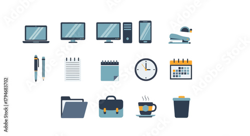 Collection of flat design vector icons for office supplies, business tools, and workspace essentials