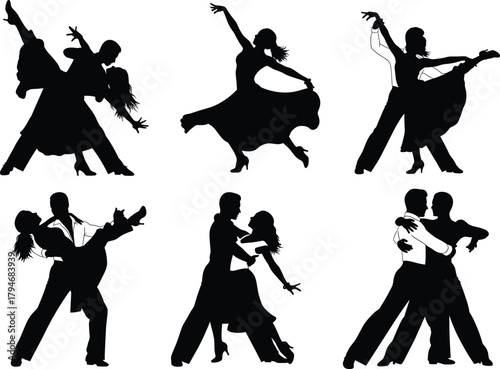 Dancing couple silhouettes, ballroom and Latin poses, elegant motion, romantic vector, black design, choreography art, graceful lift, twirl stance