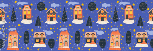 Night color simples pattern of tiny scandinavian houses in stars covered village.