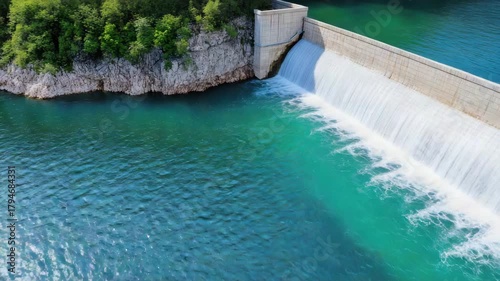 Turquoise reservoir spilling over concrete dam and spillway beside rocky forested shoreline