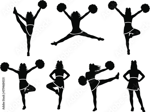 Cheerleader silhouettes, pom-pom poses, dance jumps, sport vector, black design, athletic motion, high kick, team spirit, dynamic choreography