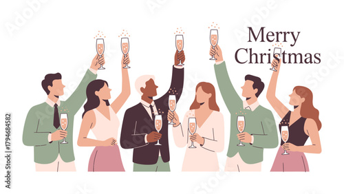 Festive Toast: Diverse group raises glasses in a celebratory toast, adorned with festive cheer. This graphic embodies a holiday greeting, symbolizing unity and goodwill.