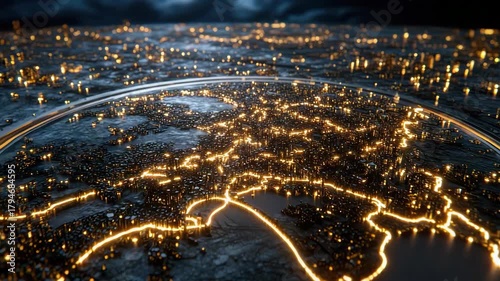 Glowing network map of illuminated city connections and glowing futuristic map with illuminated