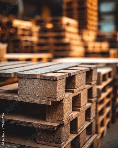 Stacked Wooden Pallets in Warm, Industrial Warehouse Lighting, Ready for Logistics.