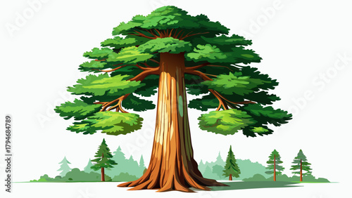Very beautiful realistic vector illustration of the tallest green sequoia tree in the world, isolated on a white background, featuring detailed foliage, towering height, and natural textures, perfect 