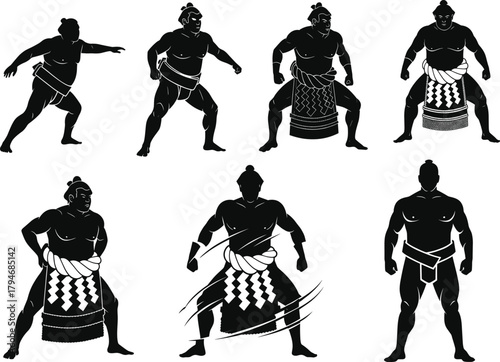 Sumo ritual silhouettes, traditional poses, ceremonial movement, sport vector, black design, Japanese culture, wrestler stance, dynamic action, discipline art