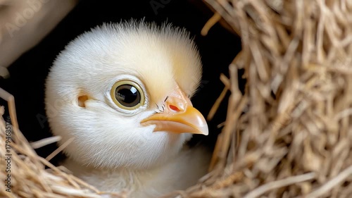 Fluffy yellow chick in nest with soft downy feathers peeking close up curious bird baby nestled