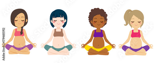 Yogi diverse women group of young sporty people practicing yoga doing Padmasana exercise on Lotus pose. Working out isolated wellness concept