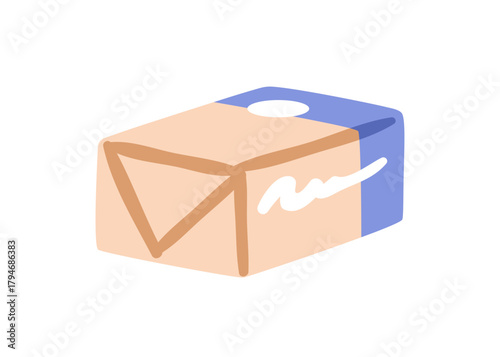 Butter block wrapped in paper pack. Gourmet fat dairy product, bar in wrapping, package. Creamy milk produce, breakfast ingredient, spread. Flat vector illustration isolated on white background