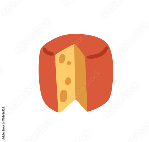 Swiss cheese wheel with cut piece, wedge. Dairy product icon, food with holes...