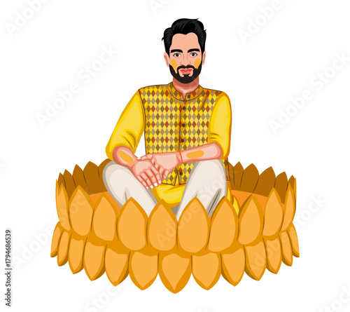Haldi Groom Sitting in Urli Tub – Indian Wedding Ritual Vector Illustration