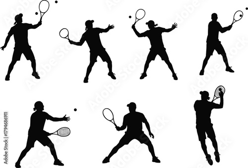 Tennis player silhouettes, forehand stroke, backhand motion, racket action, sport vector, black design, dynamic pose, ball hit, athletic stance