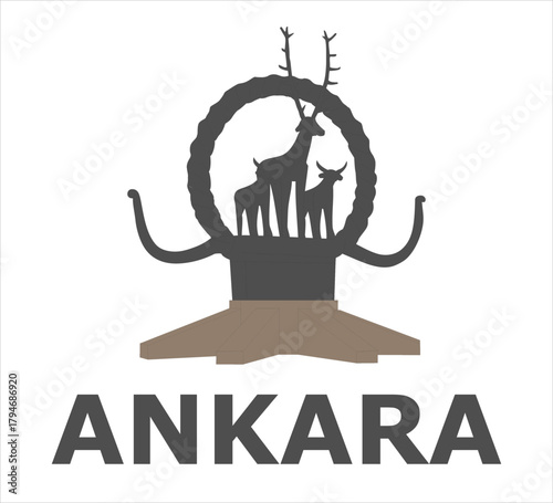 Ankara City Logo Vector Illustration: The Hattian Sun Disc with Deer and Bull Silhouettes, Representing the Ancient History of Anatolia