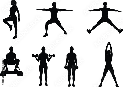 Fitness exercise silhouettes, workout poses, dumbbell training, stretching stance, sport vector, black design, balance motion, gym activity, healthy lifestyle