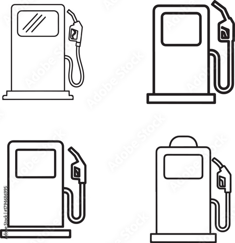 Set of four simple line art illustrations of gasoline fuel pumps for vehicles
