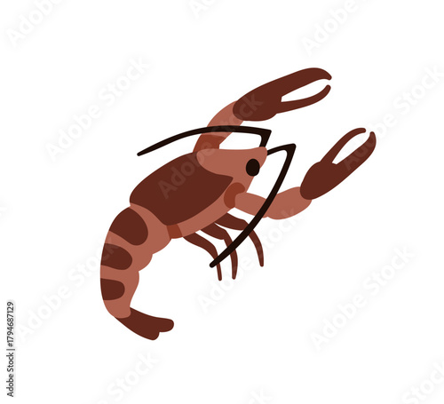 Crayfish with claws. Lobster, seafood. Marine crustacean, sea food. Exotic aquatic water and underwater animal, crawfish. Fresh protein eating. Flat vector illustration isolated on white background