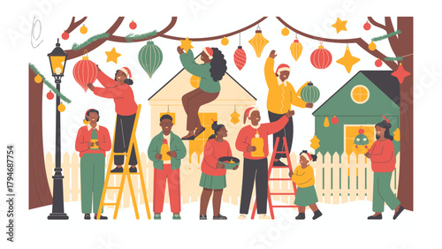 Joyful Neighbors Adorning their Neighborhood for Christmas: A communal spirit fills the air as neighbors gather outdoors to decorate their houses, trees.
