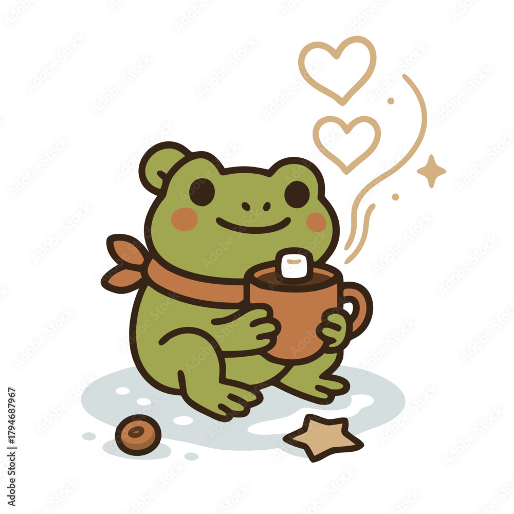 Fototapeta premium Cute Winter Frog with Hot Chocolate and Hearts Illustration