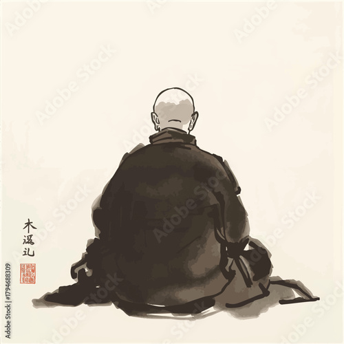 Ink painting of meditating buddhist monk, view from the back. Traditional oriental ink painting sumi-e, u-sin, go-hua on white background.