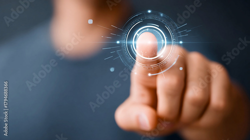 Dedo tocando interfaz digital futurista para identificación o acceso biométrico
