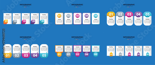 A collection of six infographic layouts featuring colorful icons, text, and visual elements for data presentation.
A dark background displays six distinct infographic templates, each featuring rows of