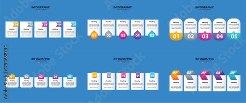 A collection of six infographic layouts featuring colorful icons, text, and visual elements for data presentation.
A dark background displays six distinct infographic templates, each featuring rows of