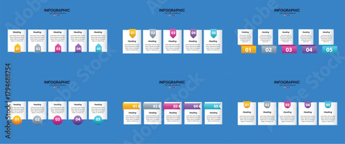 A collection of six infographic layouts featuring colorful icons, text, and visual elements for data presentation.
A dark background displays six distinct infographic templates, each featuring rows of