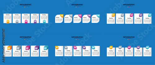 A collection of six infographic layouts featuring colorful icons, text, and visual elements for data presentation.
A dark background displays six distinct infographic templates, each featuring rows of
