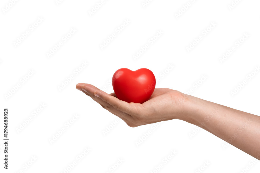 Fototapeta premium Hand holding red heart symbolizing love, health care and healthy, heart health insurance, charity donation,