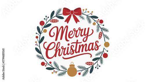 Festive Christmas Wreath: A captivating visual greeting, displaying a merry Merry Christmas message artfully nestled within a festive wreath of leaves and berries, perfect for holiday greetings.