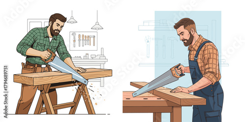 Clean Vector Illustration of Woodworking Men with Hand Saws