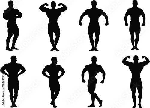 Bodybuilding silhouettes, muscular poses, fitness vector, flexing stance, black design, competition posture, strength training, gym physique, athlete illustration