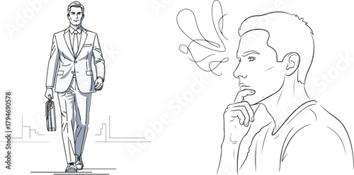 Vector Line Art Design with Business Professional and Thinking Profile