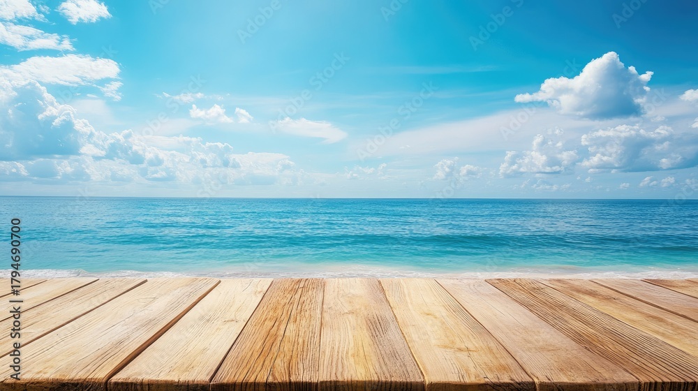 Fototapeta premium Tranquil Seaside View with Wooden Deck and Clear Blue Sky Reflecting Calm Waters and Soft White Clouds on a Serene Day at the Beach