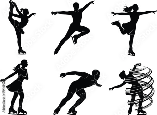 Figure skating silhouettes, Biellmann spin, jump pose, arabesque glide, speed skating, artistic spin, sport vector, black design, graceful motion