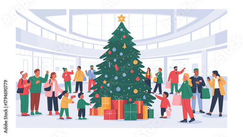 Holiday Gathering: A festive scene unfolds, with an ornamented tree as the centerpiece, surrounded by people who are engaging in holiday shopping.