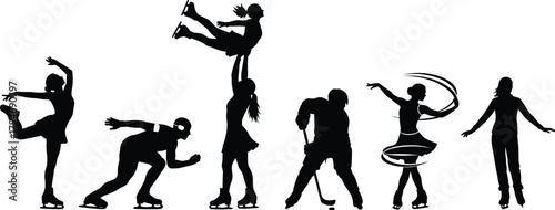 Ice skating silhouettes, figure skating, pair lift, hockey action, rhythmic spin, casual skater, sport vector, black design, dynamic poses