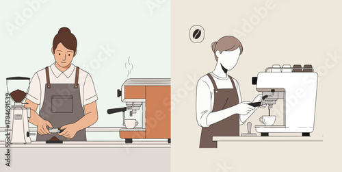 Barista Preparing Coffee: Professional Cafeteria Scene Illustration