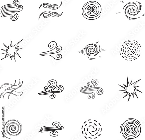 Wind Swirl doodle line art collection. Includes line art symbols motion, air, blow, swirl, spiral and more. Isolated doodles. Wind doodle set. Minimalist doodles pack.