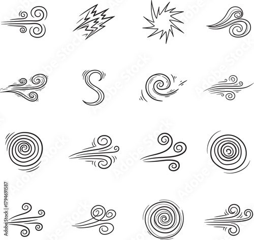 Wind Swirl doodle line art collection. Includes line art symbols motion, air, blow, swirl, spiral and more. Isolated doodles. Wind doodle set. 