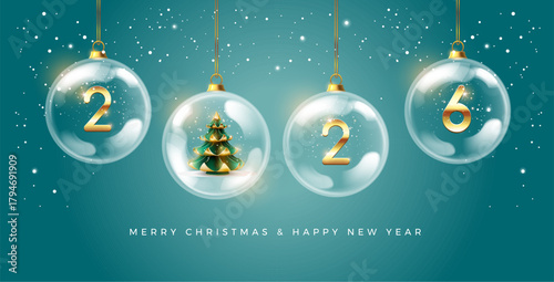 Merry Christmas and Happy New Year green background with transparent glass spheres hanging on ribbon, snow inside, golden 2026 numbers and Christmas tree