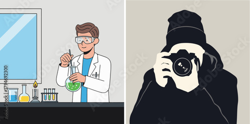 Flat vector illustration split panel of scientist and hidden camera person.